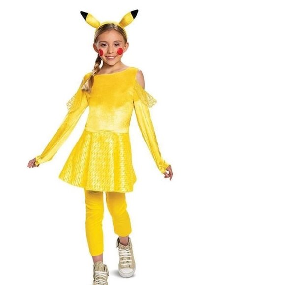 Pokemon Pikachu Halloween Costume 10/12 Yellow Dress Leggings Headband Girls - Picture 1 of 7